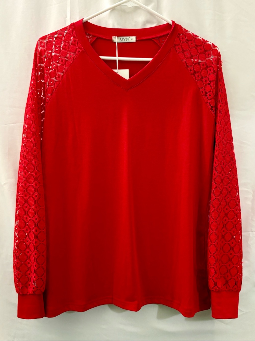Red Lace-Sleeve V-Neck Blouse